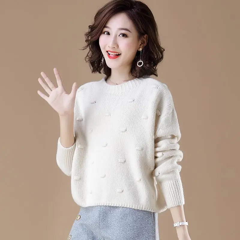

Polka Dot O-Neck Sweater Loose Solid Pullovers Computer Knitted Thick Female New Girls Tops Warm Outerwear Spring