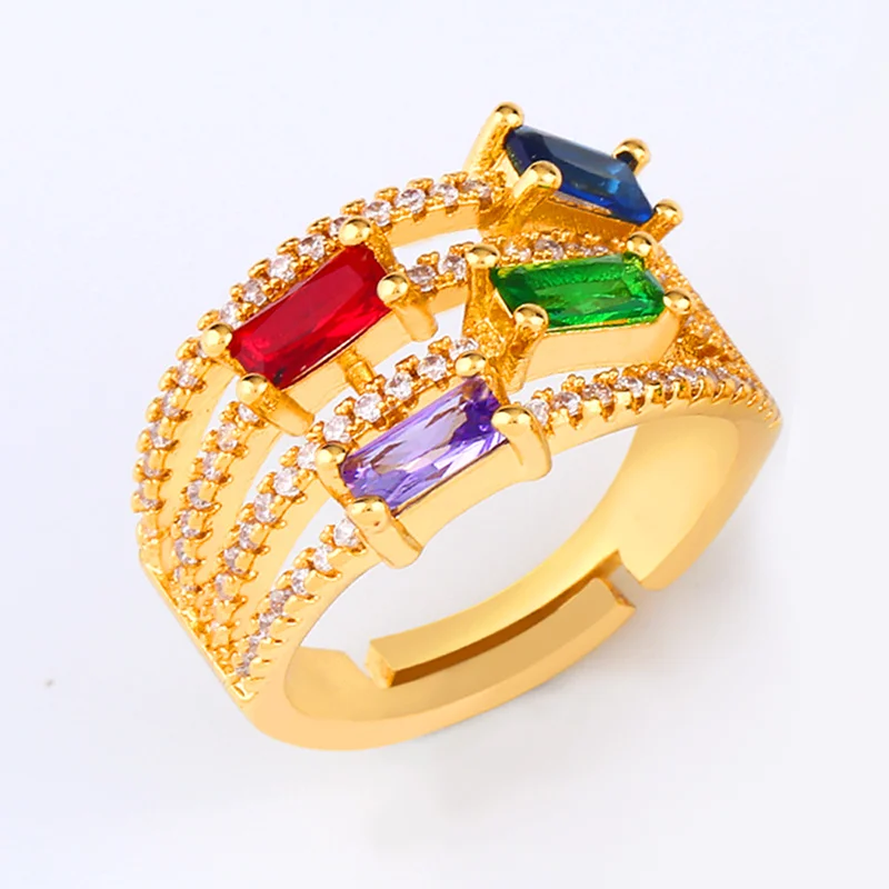 Женские волнистые кольца Rainbow CZ открытые с разноцветным кубическим цирконием