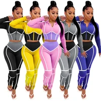 2021 new women 2 pieces set spliced hoodie fitness tracksuit long sleeve zipper crop top panelled leggings fashion sportswear