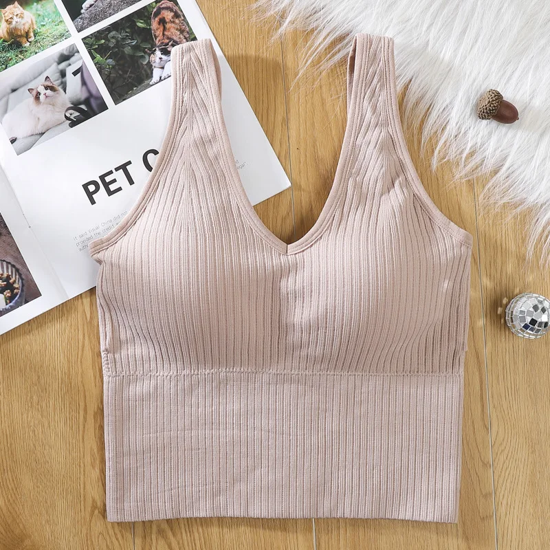 

Push Up Tube Tops For Women Solid Color V Neck Camis Female Bralette Wire Free Widen Shoulder Straps Tank Padded Streetwear