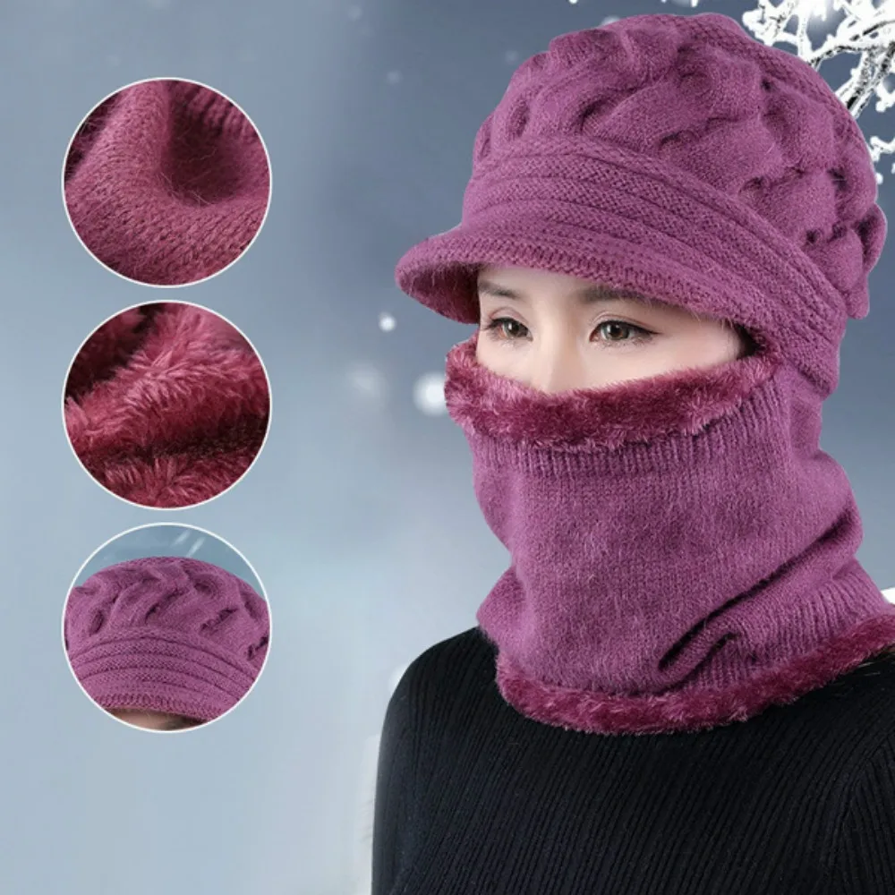 

New Winter Mother Female Lady Woolen Hat Plus Velvet Thickening Warm Windproof Cycling Hat Knit Set Scarf Hats Crochet Cap