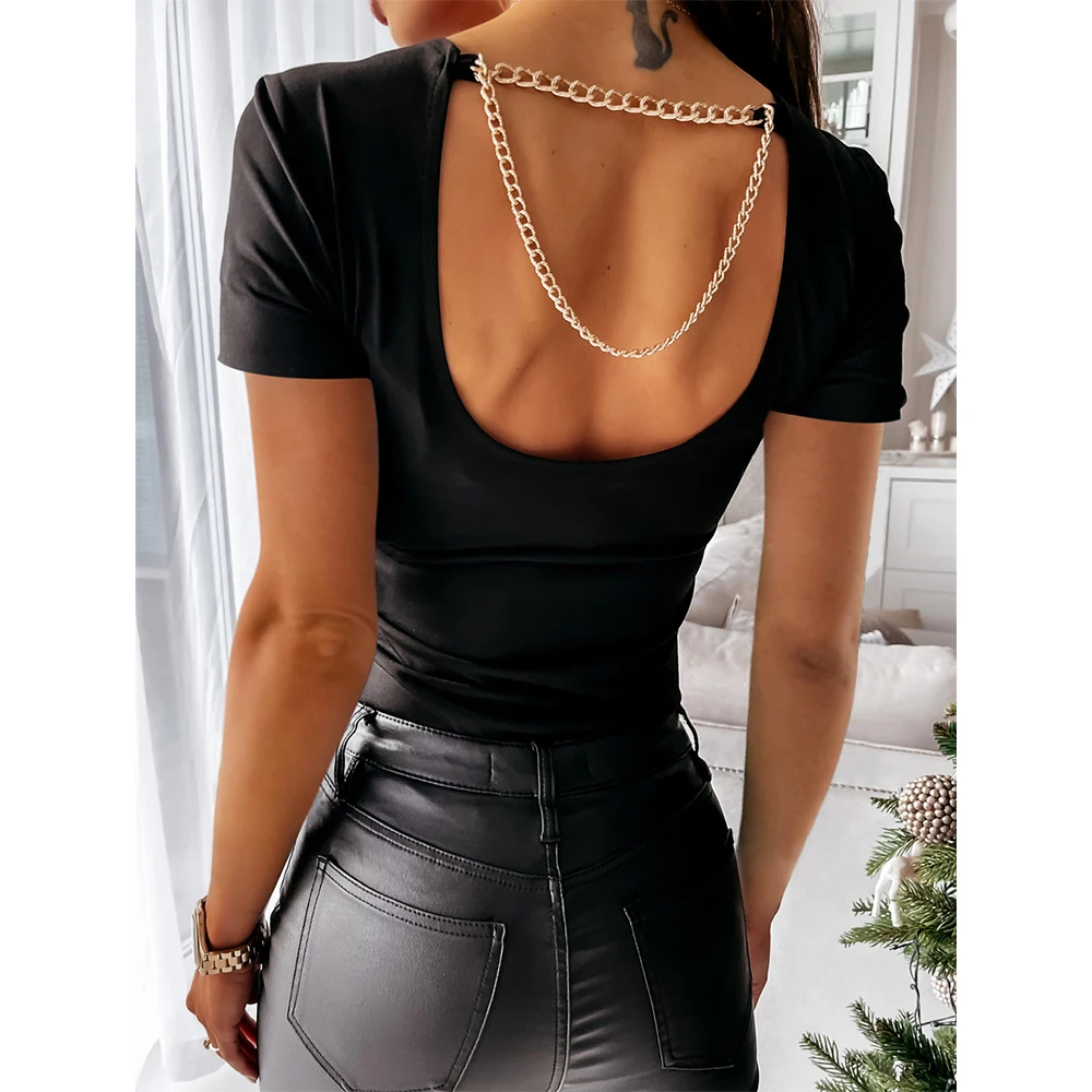 

Chain Patchwork Backless Short Sleeve Black Tee Casual Women Tops Slim Summer Tshirt