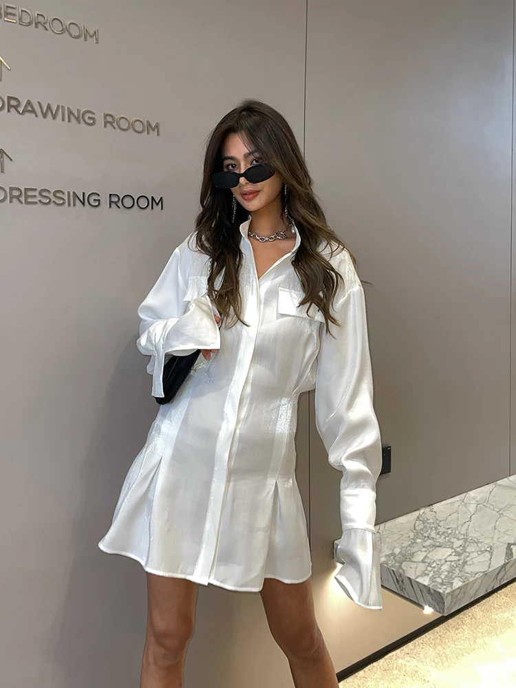 

European and American Wind Web Celebrity Blogger and Shirt Skirt Ins Collect Waist Pure Color Horn Sleeve Shirt Dress Female