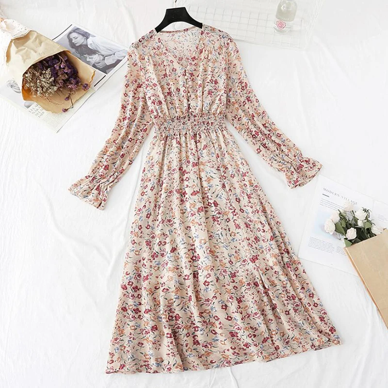 Женское шифоновое платье миди с цветочным принтом V образным вырезом|Женские