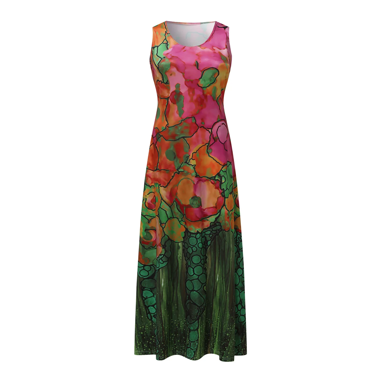 

40# Women Printed Tank Dress Sleeveless Loose Maxi Dress Plus Size Casual Vest Long Dress Vintage Pocket Dresses For Women 2021