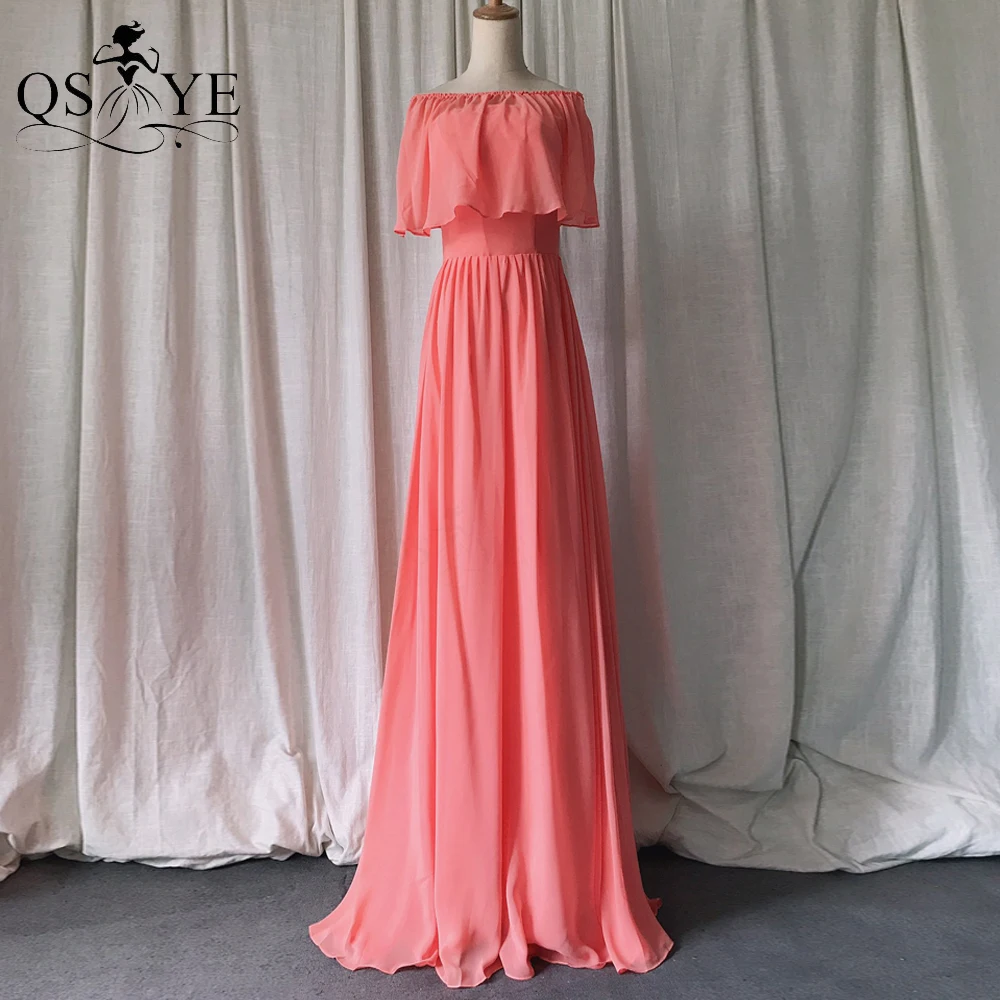 

Off Shoulder Simple Salmon Prom Dress Long Evening Gown Pleat Chiffon A line Women Formal Party Gown Light Pink Bridesmaid Dress