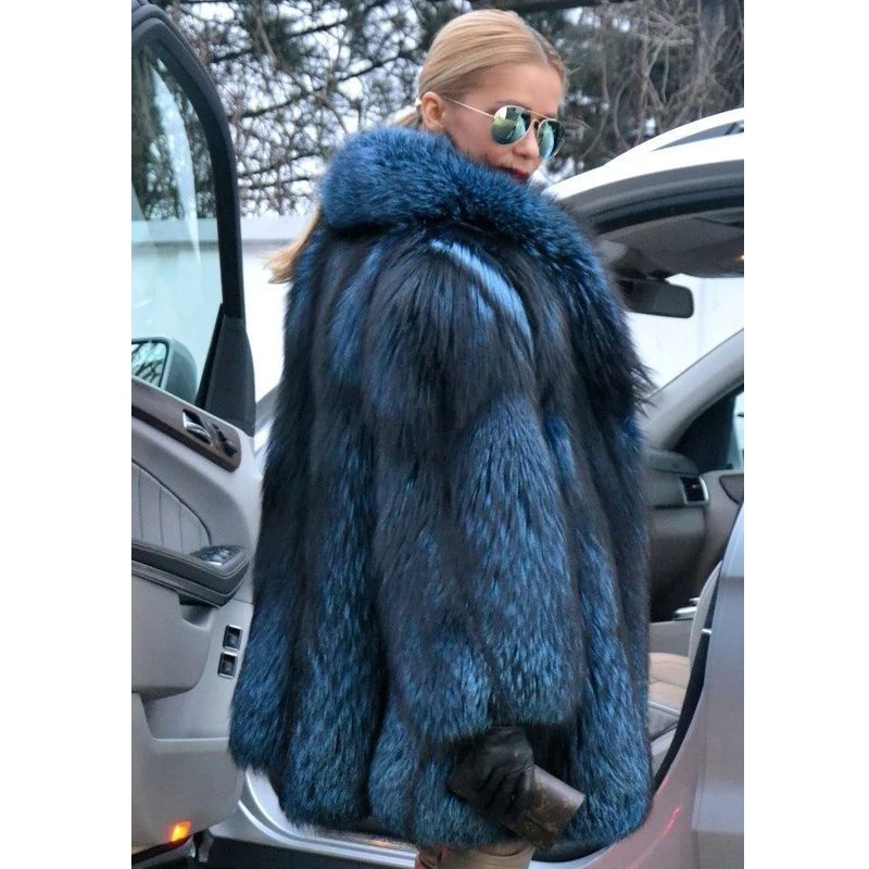 BFFUR Royal Blue Natural Fox Fur Coats Winter Thick Warm Women Genuine Whole Skin Silver Fox Fur Overcoats Luxury Fur Coats 2022