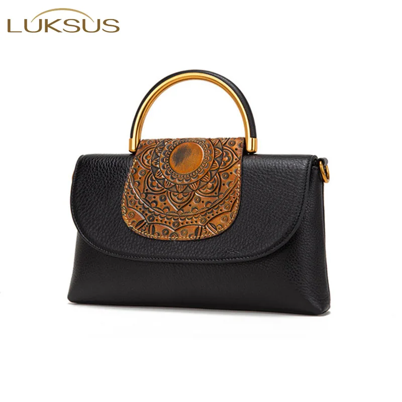 

LUKSUS Vintage Style Brown Red Flower Embossed Messenger Bags for Women 2020 Genuine Leather Black Handbags sac femme bolsos