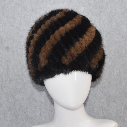 black and brown Новинка, зимние женские шапки из натурального меха норки, вязаная шапка ручной работы, шапка из натурального меха норки, хорошее эластичное качество, шапка из меха норки - Цвет: black and brown