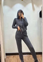 2021 winter new womens suit 100 cashmere zipper cardigan hooded sweater and foot pants fashion knit 2 piece set