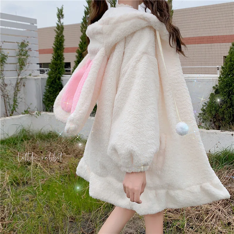 Kawaii Rabbit Ears Hooded Coats Japanese Korean Girl Warm Women Jacket Fall Winter New Sweet Soft Lambswool Ruffles Parkas White