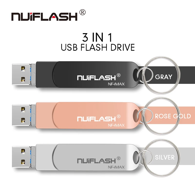 

USB Flash Drive For iPhone X/8/7/7 Plus/6/6s/5/SE/ipad 3 IN 1 Pen Drive Memory Stick 16GB 32GB 64GB 128GB Pendrive usb 2.0