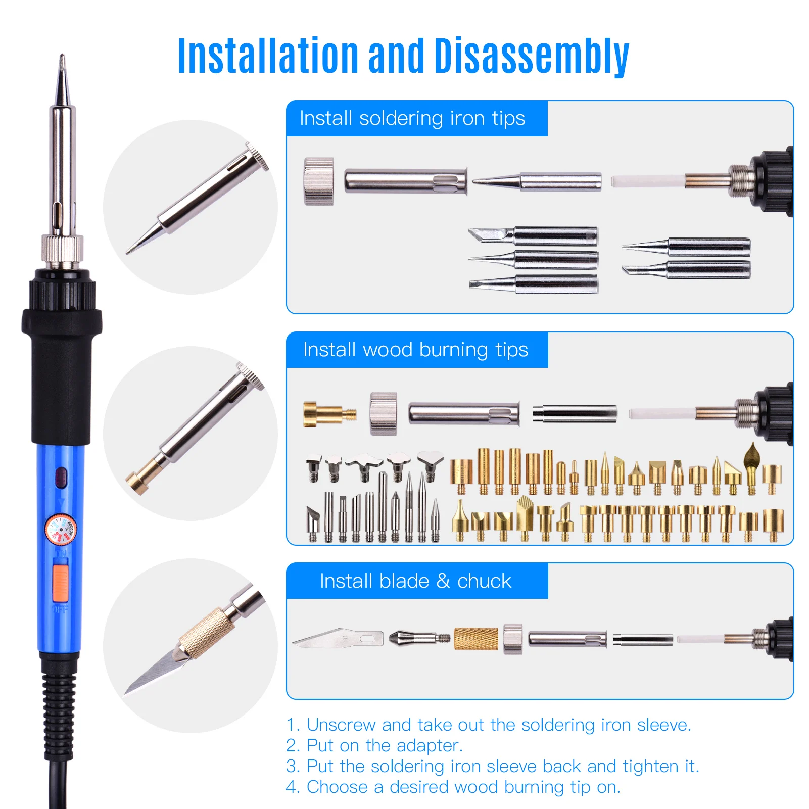 

106pcs Adjustable Temperature 220-480 Woodburning Tool Wood Burning Kit 60W Pyrography Pen Set for Embossing Carving Soldering