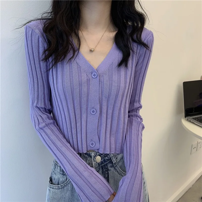 

Женский тонкий кардиган с V-образным вырезом, трикотажный пурпурный короткий топ из вискозы с длинными рукавами, весна-осень 2021