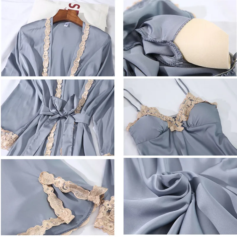 Зимние сексуальные кружевные атласные пижамы из 5 предметов пижамный комплект