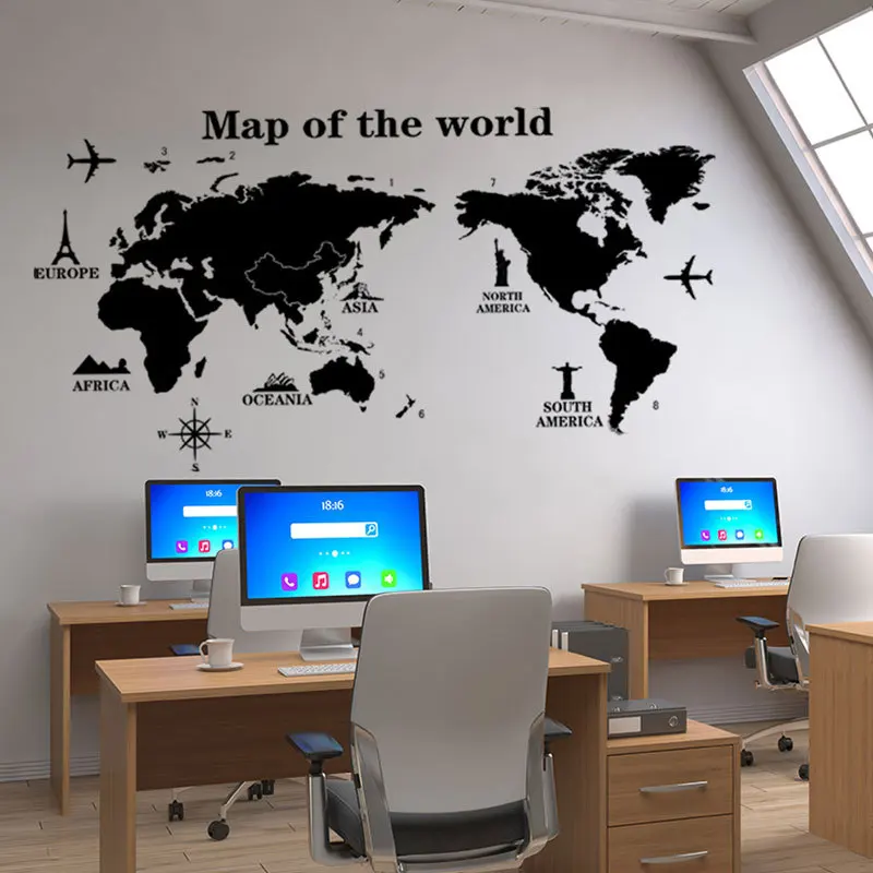 Map of The World Wall Stickers DIY Vinyl Decals for Kids Room Maps Wallpapers Home Decor Black Decoration | Дом и сад