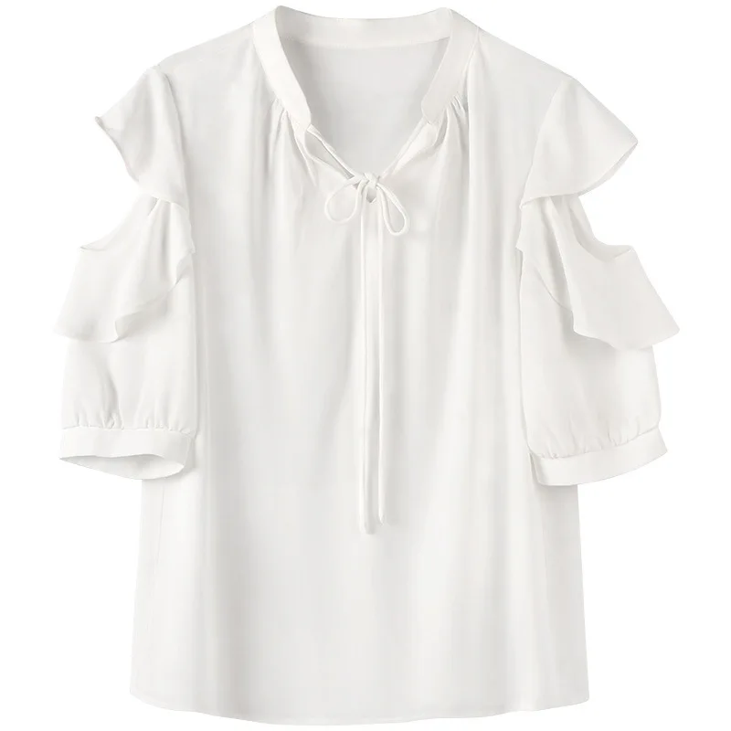 

Ladies Chiffon Shirt Female Summer Korean Ruffled Off Shoulder Top Short Sleeve Yellow Cute Girls Lace Up Thin Chiffon Blouses