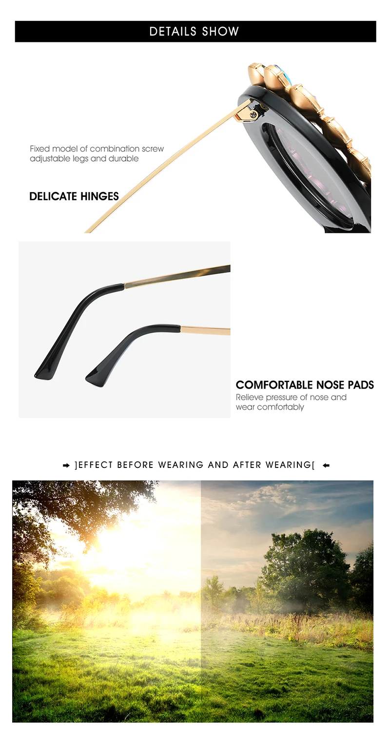 FU E Gorgeous Women Sunglasses Crystal Diamond Handmade Round Eyewear UV400 Mirror Lens Flower Design Summer Sun Glasses