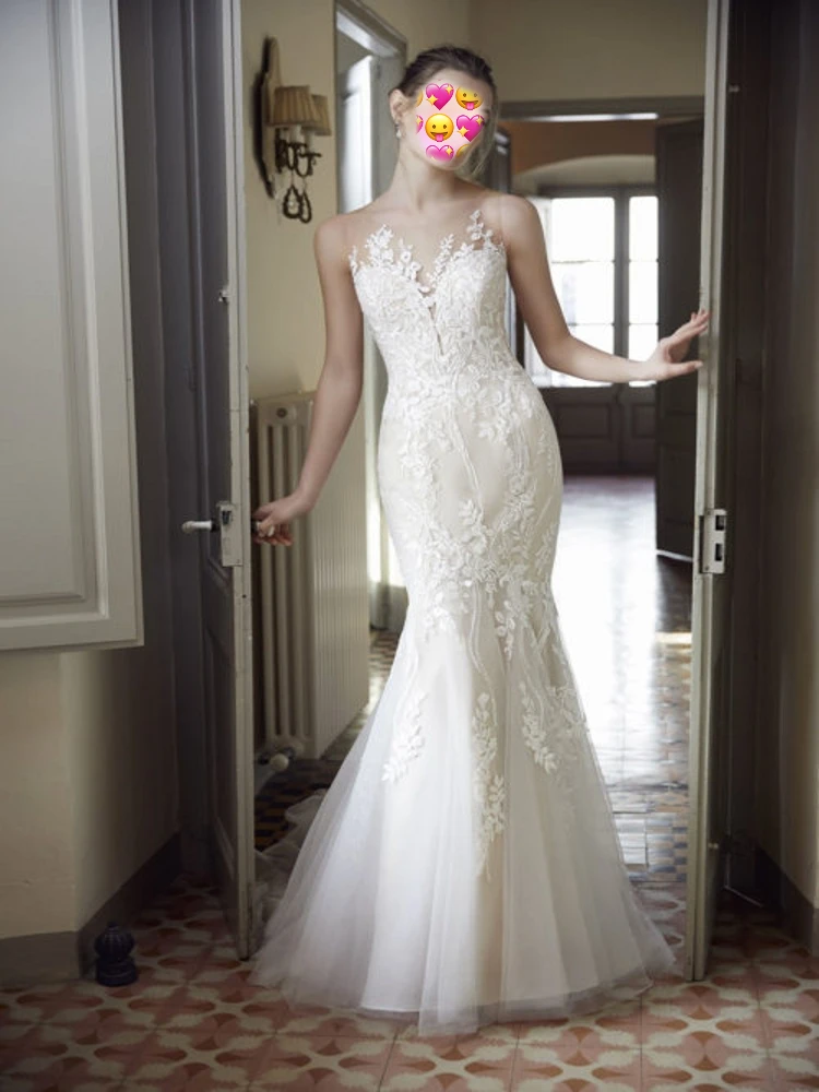 

Женское кружевное свадебное платье с юбкой годе, длинное прозрачное платье с аппликацией из бисера и открытой спиной, платье невесты, 2020