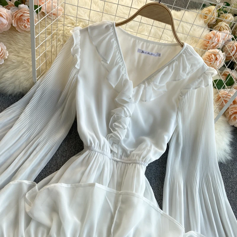 

Spring French Retro Solid Vestidos Female V-neck Puff Sleeves Lotus Leaf Ruffles Lady Fashion Midi Dresses For Women