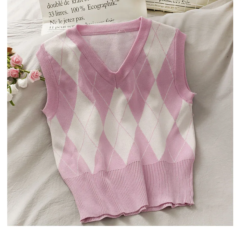 

Women's Pink sweet Knit sweaters Vest V Neck Sleeveless Pull Plaid Sweater Fashion Chic y2k top Vintage clothing Female Tank