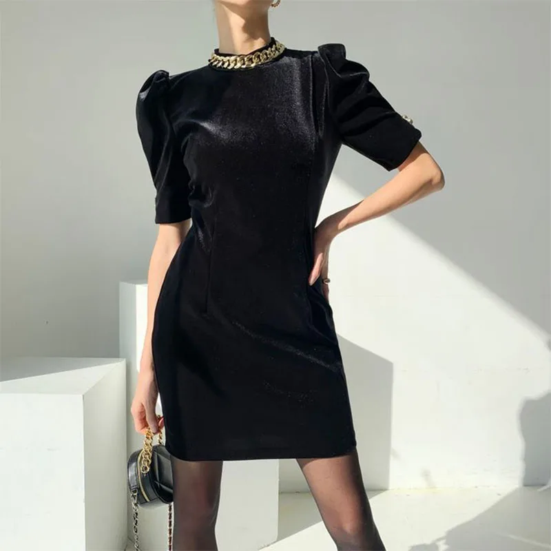 

Women Vintage Stand Collar Slim Waist O-Neck Puff Sleeve Velvet Dresses Korean Mini Vestido Feminino Sexy Party Dress Fashion