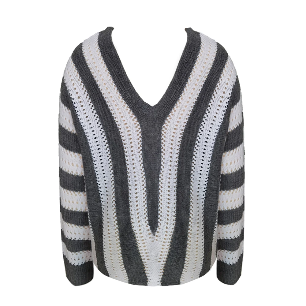 

VICABO Stripe Hollow Out Sweater Women Winter Warm V-Neck Patchwork Long Sleeve Pullover Tops Knitted Jumper Female 2020