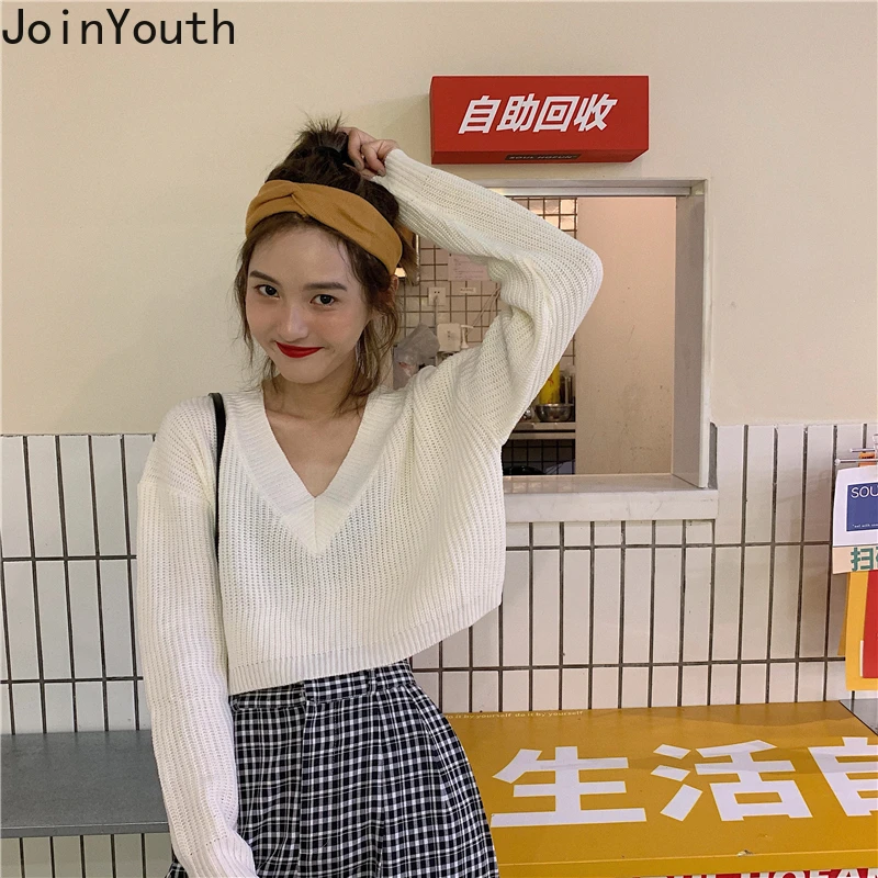 Женский свитер с v-образным вырезом Joinyouth вязаный Однотонный пуговицами в