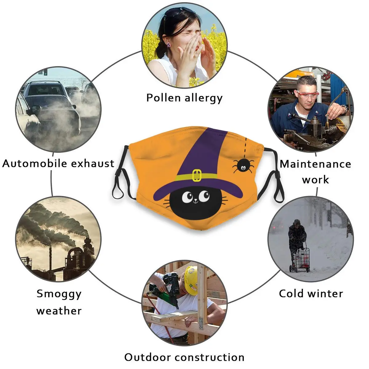 

Washable Face Breathing Mask Reusable Anti Dust Mouth Mask Black Cat And Witch Hat Mask For Adults