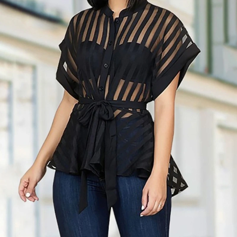 Женский прозрачный топ в полоску сетчатая блузка с баской элегантная уличная