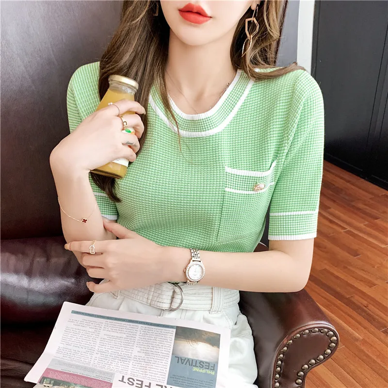 

Сексуальный женский трикотажный топ на пуговицах с коротким рукавом в Корейском стиле, летняя одежда, футболка, винтажная Милая Студенческ...