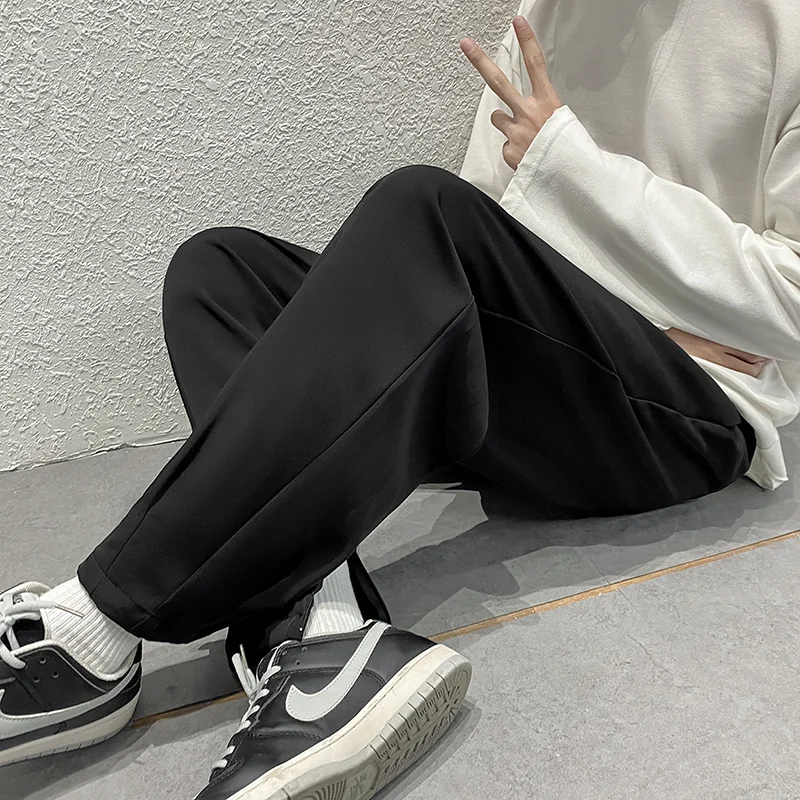 Черно-белые Костюмные брюки, мужские Модные общественные строгие брюки, корейские свободные прямые повседневные брюки, мужские брюки с эла... от AliExpress RU&CIS NEW