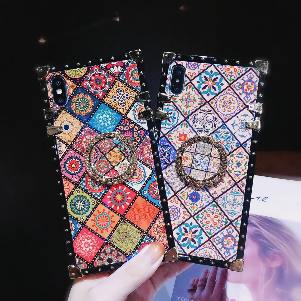 

Square Vintage Case for iPhone 11 pro XS MAX XR X national style Phone Shell Cases for iPhone 7 6 6S 8 Plus 11 2019 Back Cover
