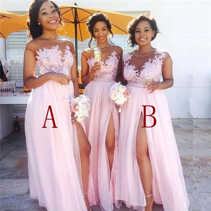 

Robe Demoiselle D'honneur Sexy Slit Pink Lace Bridesmaid Dresses Long See Through Appliques Wedding Party Gown Custom Make Dress