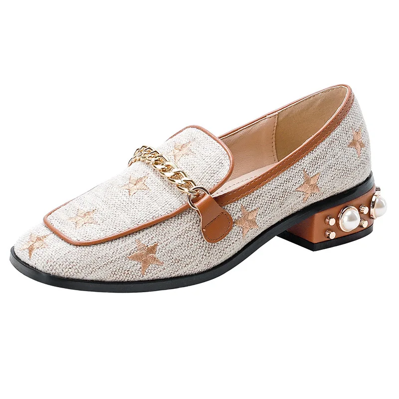 

Fashion New Women Shoes Square Toe Star Embroidered Thick Heel Middle Heel Metal Chain Loafers Lady Shoes