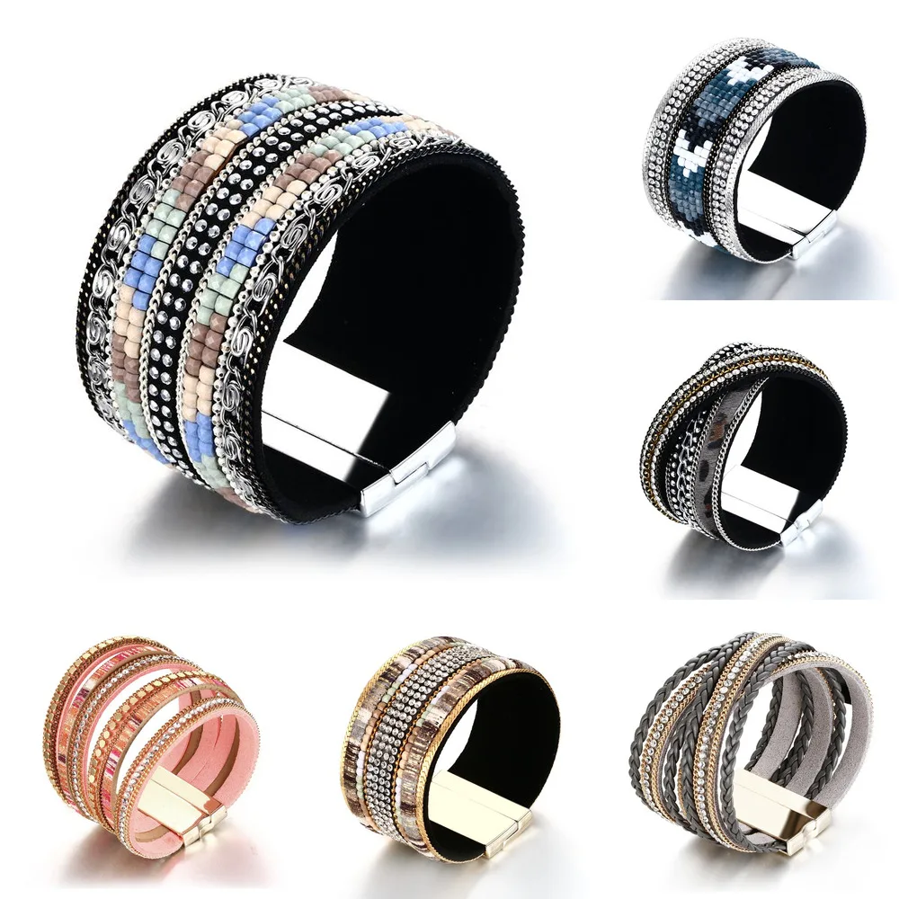 Винтажные женские браслеты из искусственной кожи с камнями широкий массивный