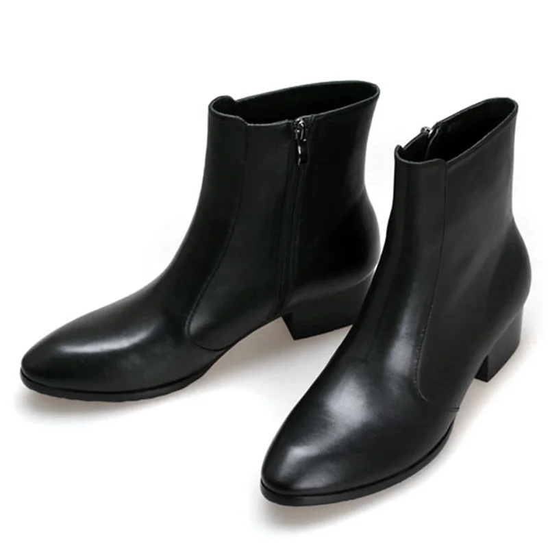 

Mens chelsea boots genuine leather high heels cowboy boots pointed toe zipper winter shoes black ankle boots military boots