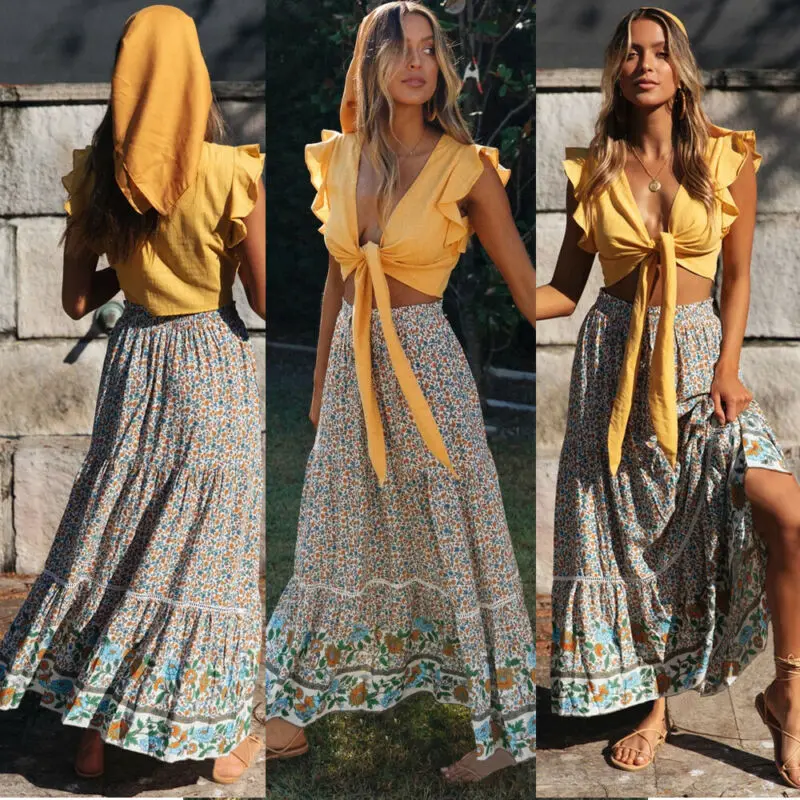 Шифон Boho женские богемные кружева крючком Высокая талия цветочный принт