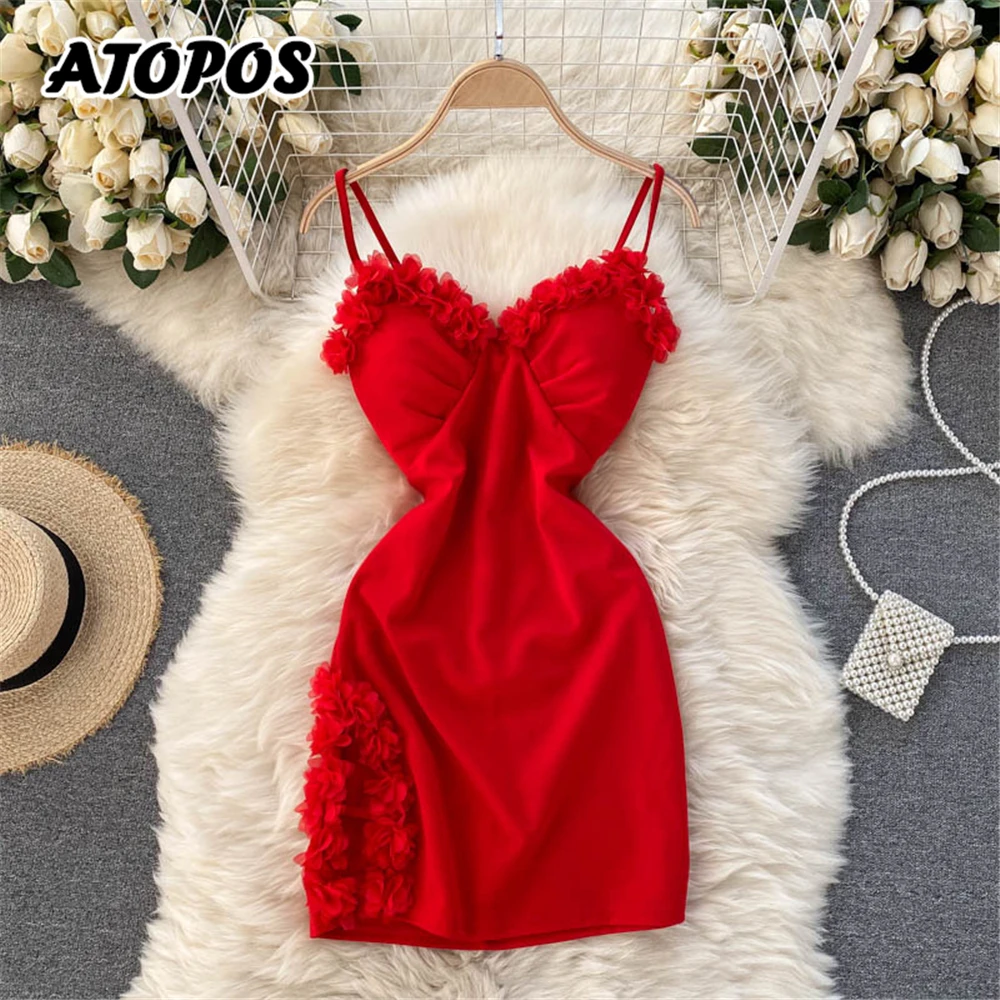 

Atopos Women Summer Y2K Party Mini Dress Sexy V-neck Backless Slim Split Fork Floral Woman Short Red Sundres Female Dresses 2022