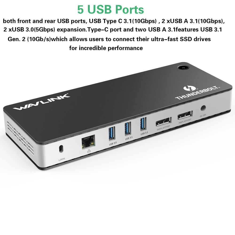 Wavlink Thunderbolt 3 USB-C док-станция двойной 4 k@ 60 Гц видео дисплей 60 Вт USB-C питания для MacBook pro Intel сертифицировано