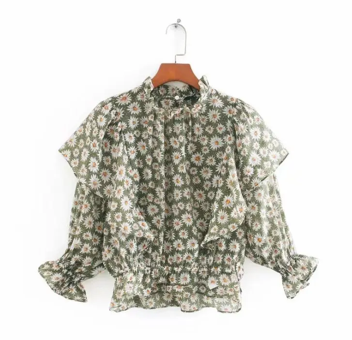 

HCBLESS Korean style women's fresh and sweet ruffled elastic waist small daisy shirt