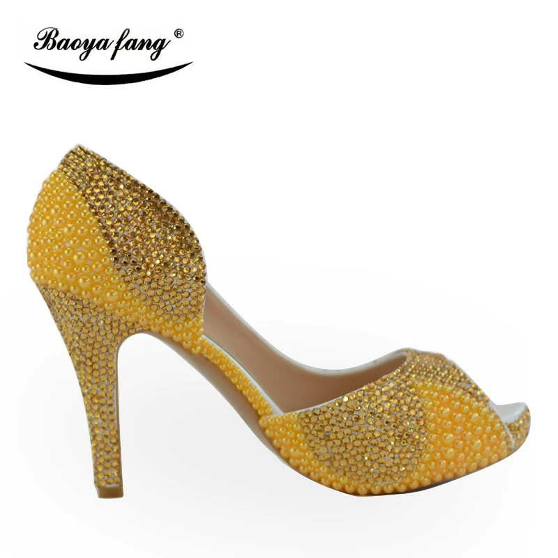 

BaoYaFang Gold pearl and crystal Womens wedding shoes with matching bags Peep toe Open side Fashion Woman shoes and purse