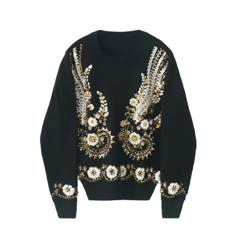 

2020 Autmn Winter Sweater Beads Sequins Long Sleeve Crew Neck Black S M L