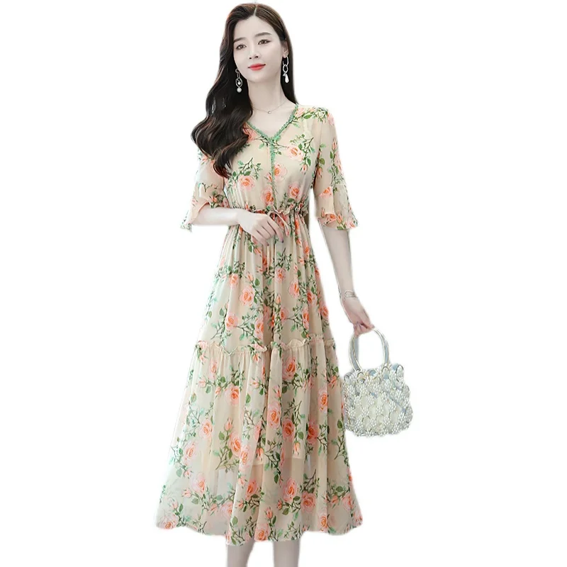 

COIGARSAM Women Long Dress Summer 2021 New Office Lady Print Short Sleeve Chiffon Suspenders High Waist V-Neck Green Dresses