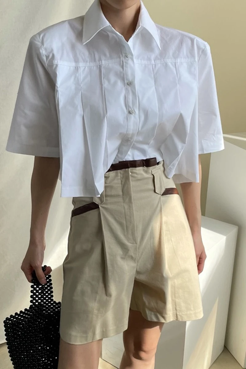 

ZCSMLL Korean all-match lapel design pleated short-sleeved shirt + high-waisted double-pocket casual pants shorts suit