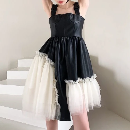 

Retro gentle sweet puffy princess suspender dress female summer spring autumn French Cotton Casual A-LINE Ruffles