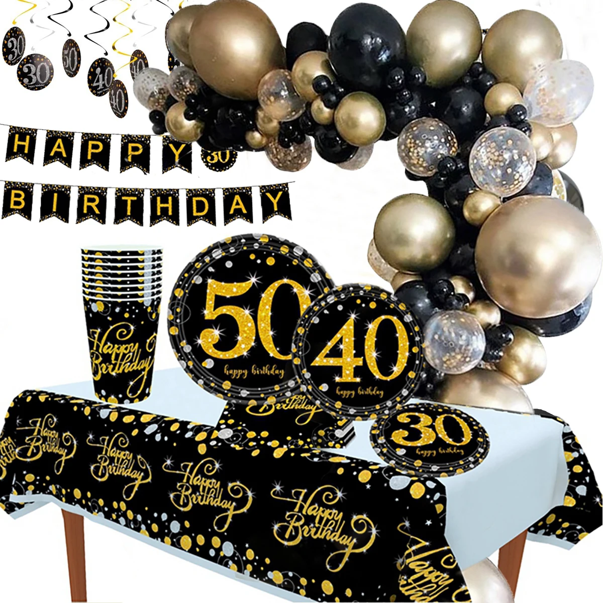 Терпатимат черный золотой фон с днем 30 40 50 день рождения украшение для взрослых