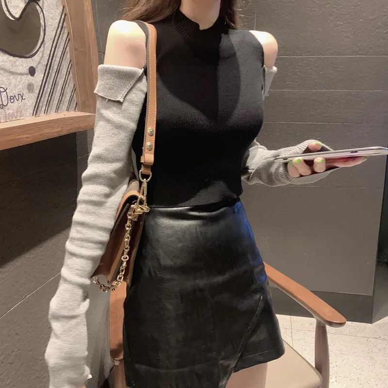 Свитер женский с круглым вырезом открытыми плечами | Женская одежда