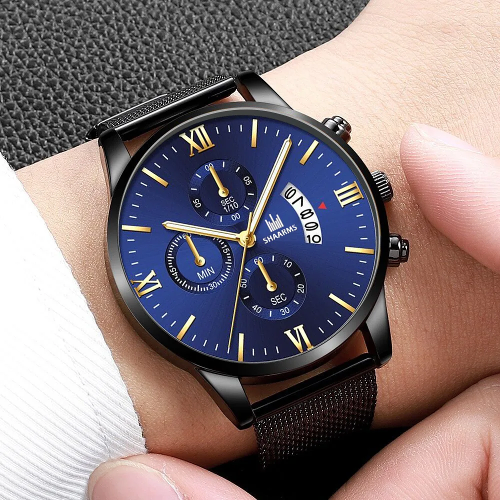 

Men's Fashion Watches Luxury Military Quartz Wristwatch Stainless steel Mesh belt Calendar Date clock Gift Sports Watch Relogio