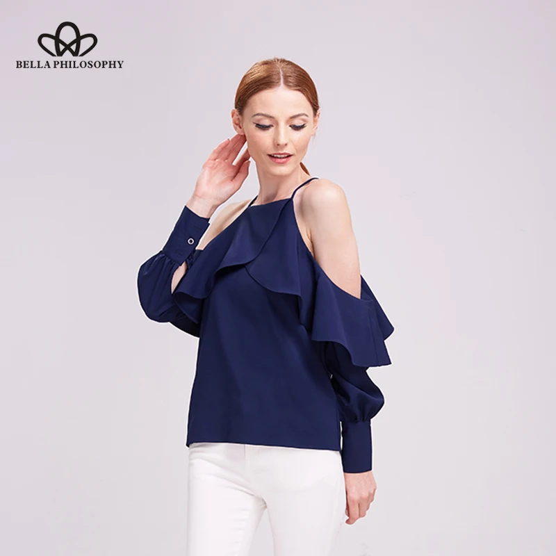 

HStar new spring summer ruffle blouse shirt halter neck cami cold off shoulder top women chiffon blusas